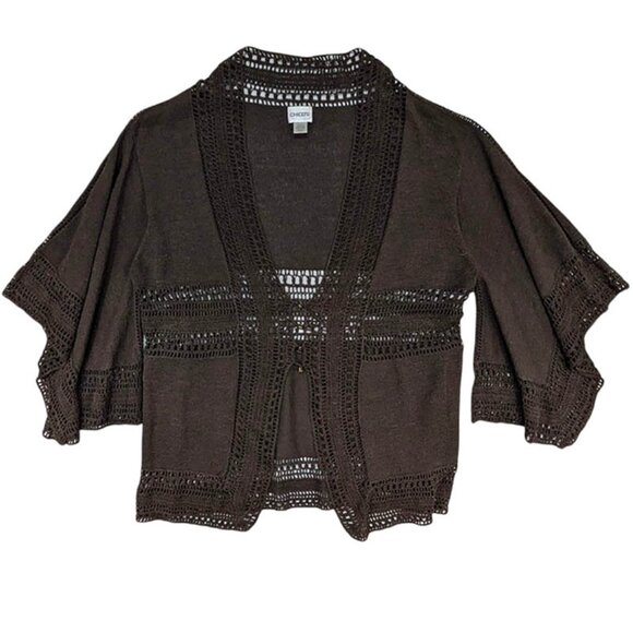 Chico's Cardigan Womens M Brown Crochet Dark Academia Goth Chic Cottagecore - Picture 1 of 11